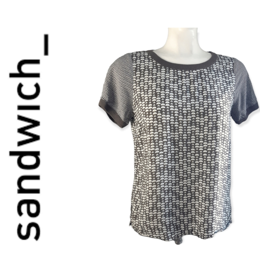 Sandwich geometric grey and white light crew neck short sleeve top Size S/M 34